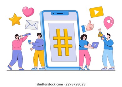 Social networks concept with hashtag sign on phone and people characters. Outline design style minimal vector illustration for landing page, web banner, infographics, hero images.