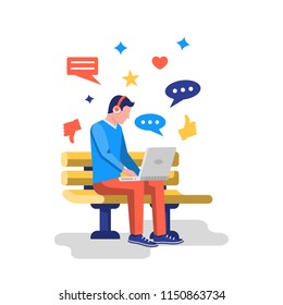 Social networks concept. Young modern man working on laptop sitting in park on bench. Chatting and sharing. Icon media global planet. Vector illustration flat design. Isolated on white background.
