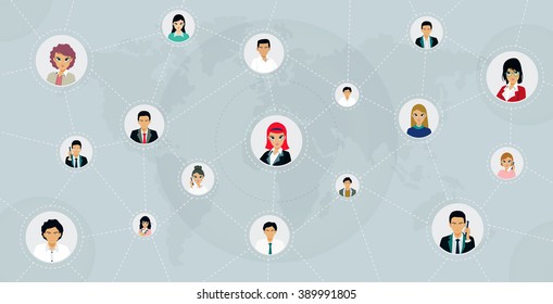 Social networks connect people with the world map.