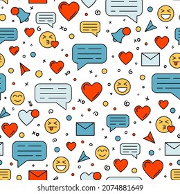Social networks and dating apps vector seamless pattern with message icons, emoticons and hearts.