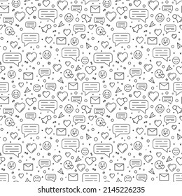 Social networks and dating apps vector linear seamless pattern with message icons, emoticons and hearts.