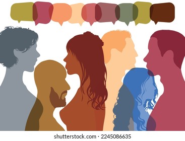 Social networks are a great way to communicate, share information and share ideas. Vector Illustration. Face-to-face communication between international people. Bubbles of speech and communication. 