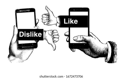 Social networks.Two hands with thumb fingers up and down. Like and dislike. Hand drawn engraving style retro vintage illustration of modern smartphone 