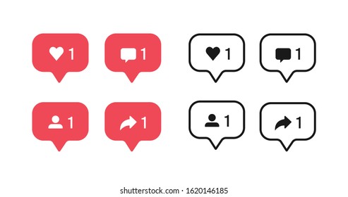 Social networks icons set. Like, follower, comment, follower speech notification sign vector design.
