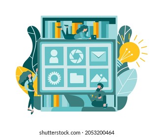 Social networks and internet applications. Storage and search of information data. Education computing, online learning. Concept vector illustration.