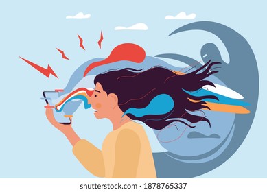 Social networks and internet negative mass information flow abstract concept. Woman suffering from panic attack after reading news online. Social media anxious posts. Flat cartoon vector illustration