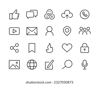 Social Networks line Icons. Profile Page, Rating, Links Social media, Heart, Feedback, Share, Contact us line icons set, editable stroke isolated on white, vector outline illustration