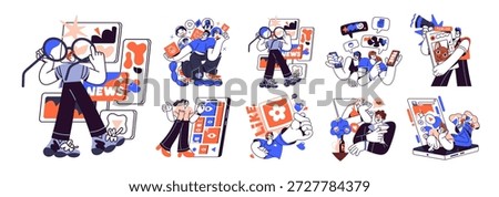 Social networks and media concept set. People using mobile apps on smartphones. Men and women are texting online, watching videos on phones. Flat isolated line art vector illustrations on white