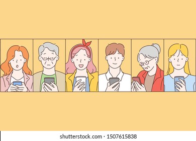 Social networks, message, communication concept. People read news on a mobile phone with different facial expressions - surprise, grief, happiness, joy, shock, wow, indifference. Simple flat vector.