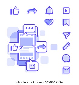 Social networks on mobile phone set of icons