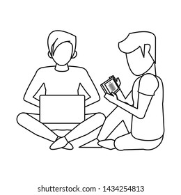 social networks and online bussiness and young boys with laptop and notebook symbols vector illustration graphic design