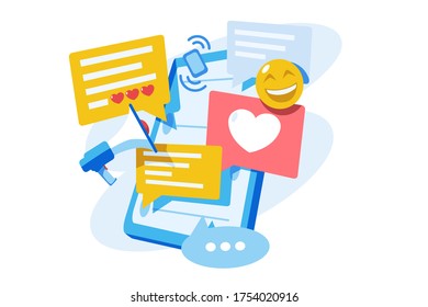 Social networks and online communications vector illustration. Messages, chatting, notifications speech bubbles flying out of screen flat style concept. Emoji, likes, loudspeaker icons