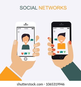 Social networks, online dating, men's and women's hands hold phones with people profiles on a dating site, video call concept in cartoon style, vector illustration