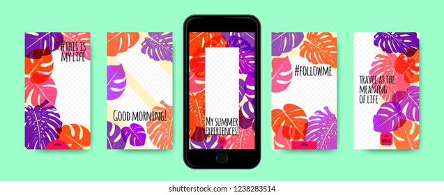 Social Networks Photo Frames Templates Set. Tropic Philodendron Leaves. Screen Wallpaper Flat Collection. Summer Frames for Photo Presentation. Phone Display Design, Photo Presentation in Stories.