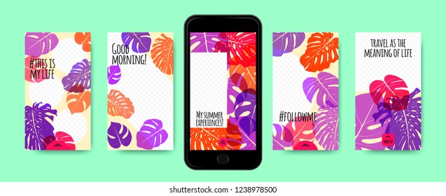 Social Networks Photo Frames Templates Set. Tropic Philodendron Leaves. Screen Wallpaper Flat Collection. Summer Frames for Photo Presentation. Phone Display Design, Photo Presentation in Stories.