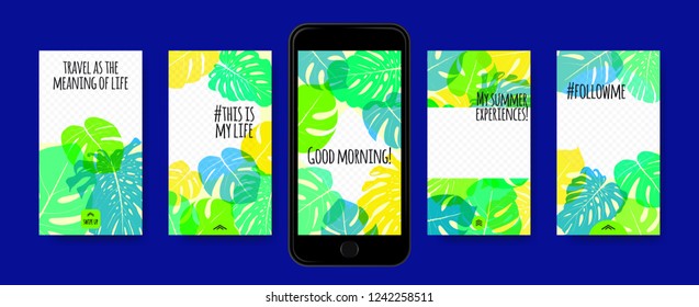 Social Networks Photo Frames Templates Set. Tropic Philodendron Leaves. Screen Wallpaper Flat Collection. Summer Frames for Photo Presentation. Phone Display Design, Photo Presentation in Stories.