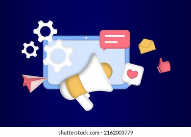 Social networks promotion. Social media marketing, digital promo campaign, Web analytics, SMM strategy, chatbot, video broadcast, stories. Like comment share giveaway. 3D web vector illustration.