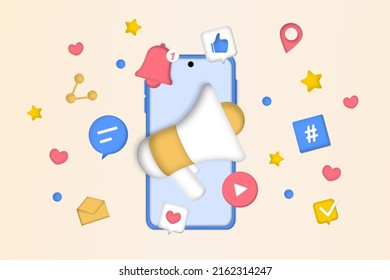 Social networks promotion. Social media marketing, digital promo campaign, Web analytics, SMM strategy, chatbot, video broadcast, stories. Like comment share giveaway. 3D web vector illustration.