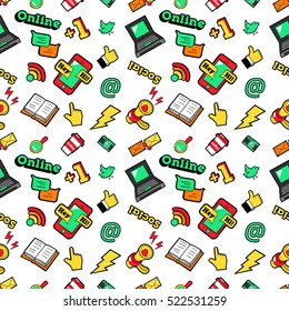 Social Networks Seamless Vector Background with Laptop Megaphone and Wireless Technology