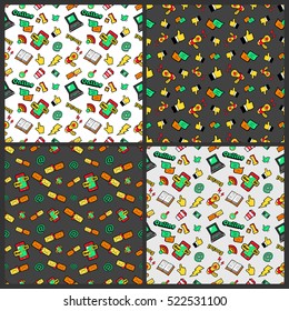 Social Networks Seamless Vector Backgrounds Set with Laptop Megaphone and Wireless Technology