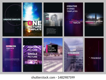 Social networks stories design, vertical banner or flyer templates with technology backgrounds, glitches, lines, dots, circles. Covers design templates for flyer, leaflet, brochure. Hi-tech concept.