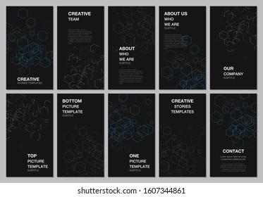 Social networks stories design, vertical banner or flyer templates. Covers design templates for flyer, leaflet, brochure cover. Hexagonal structure for medical, technology, chemistry, science concepts