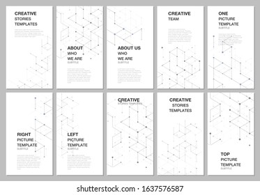 Social networks stories design, vertical banner or flyer templates. Cover design templates for flyer, leaflet, brochure cover, presentation, advertising banner. Abstract molecular connection structure