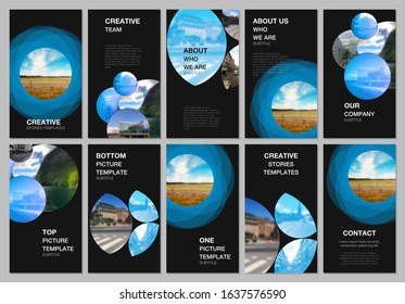 Social networks stories design, vertical banner or flyer templates. Covers design templates for flyer, leaflet, brochure cover, presentation, advertising banner. Abstract blue fresh geometric design.