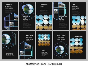 Social networks stories design, vertical banner or flyer templates. Covers design templates for flyer, leaflet, brochure cover. Abstract smart technology design with hexagons and place for photo.