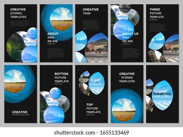 Social networks stories design, vertical banner or flyer templates. Covers design templates for flyer, leaflet, brochure cover, presentation, advertising banner. Abstract blue fresh geometric design.