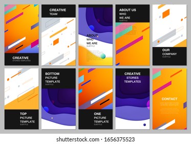 Social networks stories design, vertical banner or flyer templates. Covers design templates for flyer, leaflet, brochure cover, advertising. Minimal colorful geometric backgrounds with dynamic shapes.