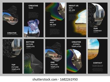 Social networks stories design, vertical banner or flyer templates. Covers design templates for flyer, leaflet, brochure cover, banner. Simple minimal design background with geometric curved shapes.