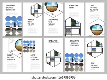 Social networks stories design, vertical banner or flyer templates. Covers design templates for flyer, leaflet, brochure cover. Abstract smart technology design with circles,hexagons and place for photo.