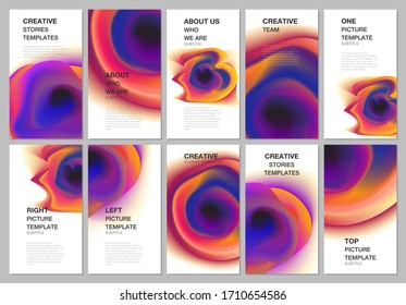 Social networks stories design, vertical banner or flyer templates. Covers design templates for flyer, brochure cover, presentation. Colorful gradient fluid backgrounds with dynamic liquid forms.