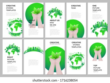 Social networks stories design, vertical banner or flyer template. Covers design templates for flyer, leaflet, brochure cover, banner. Green city concept. Green energy, sustainable development concept