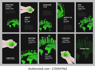 Social networks stories design, vertical banner or flyer templates. Covers design templates for flyer, leaflet, brochure cover, banner. Earth planet health care, sustainable development concept.