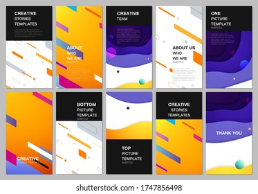 Social networks stories design, vertical banner or flyer templates. Covers design templates for flyer, leaflet, brochure cover, advertising. Minimal colorful geometric backgrounds with dynamic shapes.