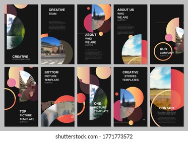 Social networks stories design, vertical banner or flyer templates. Covers design templates for flyer, leaflet, brochure cover, banner. Simple design background with circles, geometric round shapes.