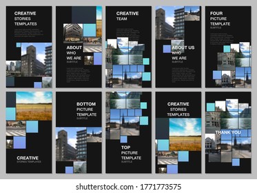 Social networks stories design, vertical banner or flyer templates. Covers design templates for flyer, leaflet, brochure cover, banner. Blue color abstract background with photo, consisting of square.