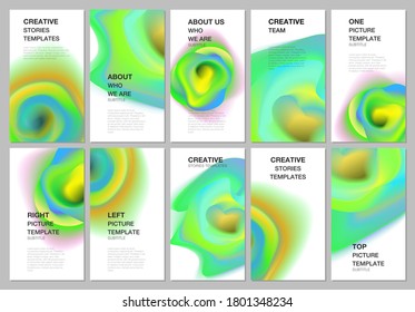 Social networks stories design, vertical banner or flyer templates. Covers design templates for flyer, brochure cover, presentation. Colorful gradient fluid backgrounds with dynamic liquid forms.