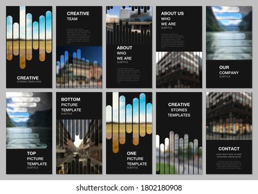 Social networks stories design, vertical banner or flyer templates. Covers template for flyer, leaflet, brochure cover, advertising. Background template with lines, photo place for business design.