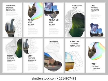 Social networks stories design, vertical banner or flyer templates. Covers design templates for flyer, leaflet, brochure cover, banner. Simple minimal design background with geometric curved shapes.