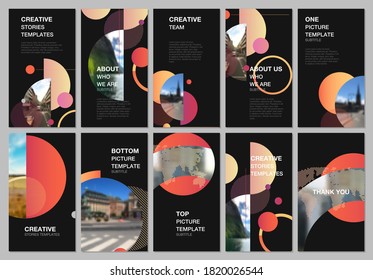 Social networks stories design, vertical banner or flyer templates. Covers design templates for flyer, leaflet, brochure cover, banner. Simple design background with circles, geometric round shapes.