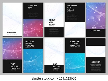 Social networks stories design, vertical banner or flyer templates. Covers design templates for flyer, leaflet, brochure cover. Polygonal science background with connecting dots and lines.