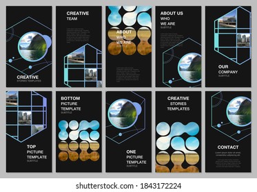Social networks stories design, vertical banner or flyer templates. Covers design templates for flyer, leaflet, brochure cover. Abstract smart technology design with hexagons and place for photo.