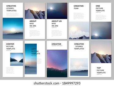 Social networks stories design, vertical banner or flyer templates. Covers design templates for flyer, cover. Fog, sunrise in morning and sunset in evening. Nature landscape backgrounds with mountains
