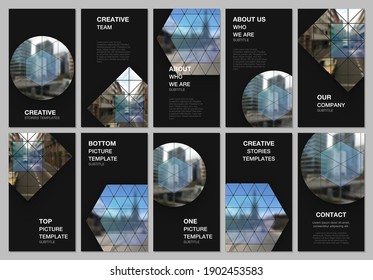 Social networks stories design, vertical banner or flyer templates. Covers design templates for flyer, leaflet, brochure cover, presentation. Abstract geometric backgrounds with simple triangle shapes