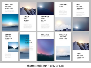 Social networks stories design, vertical banner or flyer templates. Covers design templates for flyer, cover. Fog, sunrise in morning and sunset in evening. Nature landscape backgrounds with mountains