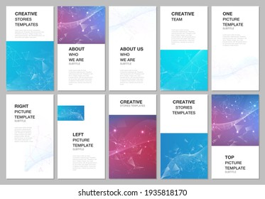 Social networks stories design, vertical banner or flyer templates. Covers design templates for flyer, leaflet, brochure cover. Polygonal science background with connecting dots and lines.