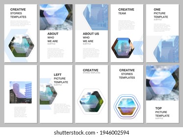 Social networks stories design, vertical banner or flyer template. Covers design templates for flyer, leaflet, brochure cover, advertising. Corporate identity business concept background with hexagons